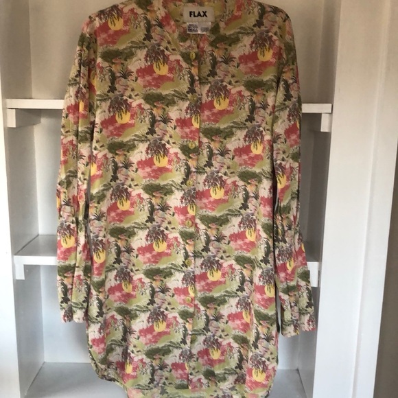 FLAX Long Sleeve Rayon Dress Tropical Sunset Beach Botanical Women's Size Small - Picture 1 of 11